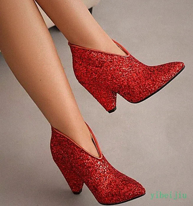 2025 Fashion Lady Sequin Cone Heel Ankle Boots Women's Pointed Toe Pull On Shoes