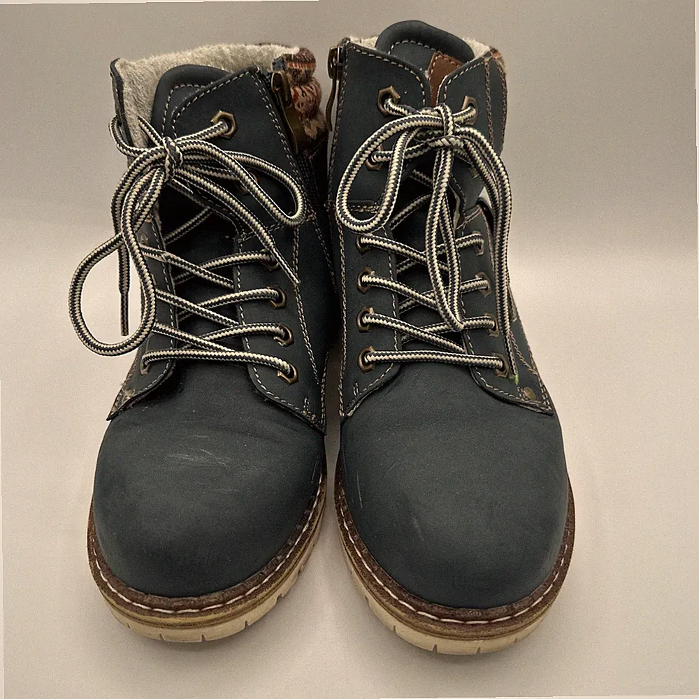 KKYC Women's Hiking Boots Blue Faux Leather Upper Front Lace/Side Zipper Sz 7.5