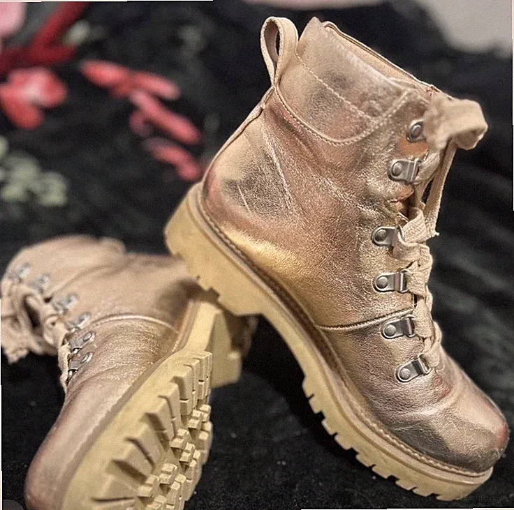 Metallic Gold Lace Up Ankle Combat Boots Leather Upper Lug Sole Round Toe Women