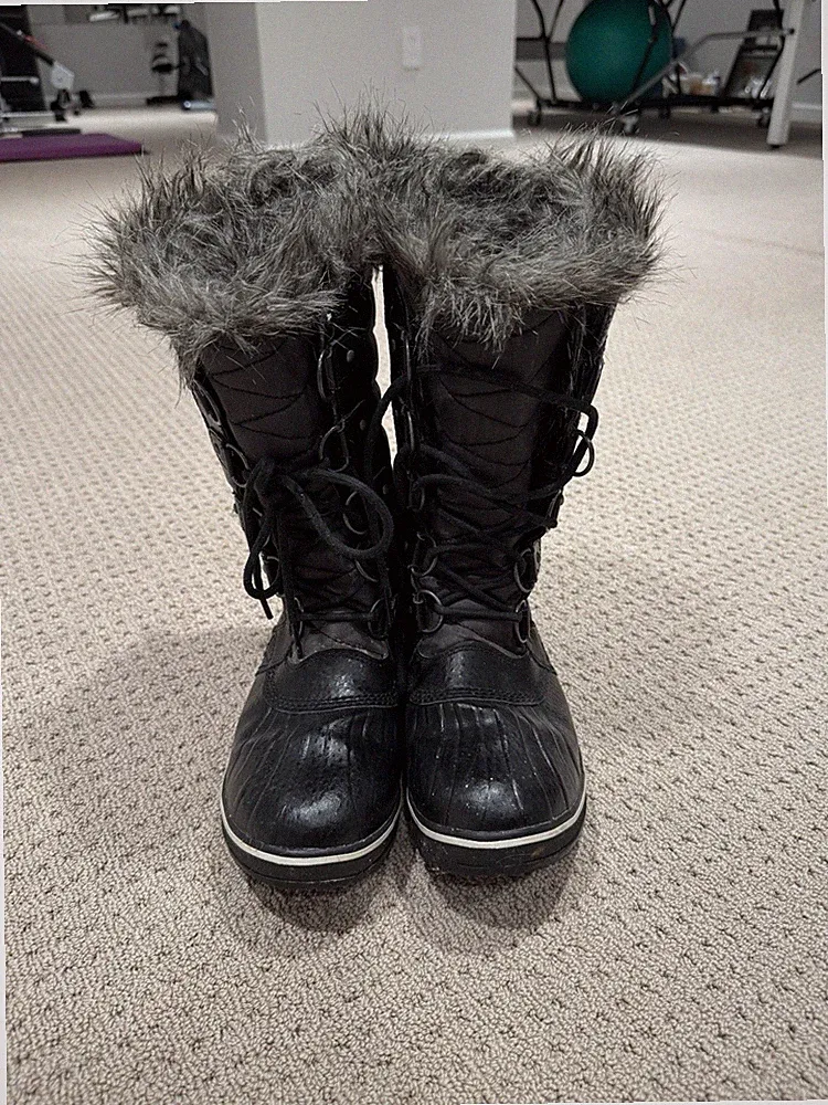 Sorel Women's Mid-Calf Snow Boot Black Gray Faux Fur Trim Insulated Lace Up US 9