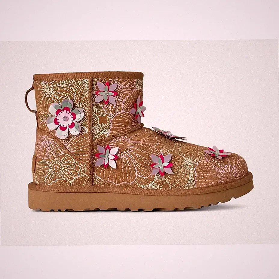 UGG Classic Mini Meadow Embroidered Floral Winter Boots Brown Pink White Size 8
