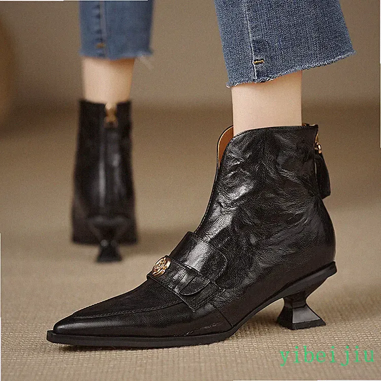 Women's Low Kitten Heel Ankle Boots Real Leather Shoes Pointed Toe Elegant Ladys