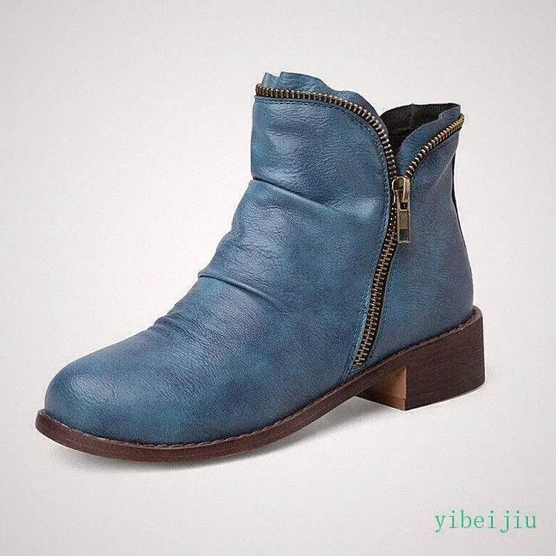 Women's Round Toe Low Heel Casual Zipper Ankle Boots Vintage Pleated Large Size